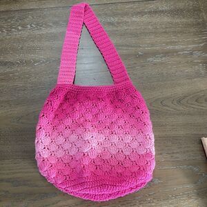 Handmade Boho Crochet Purse Shoulder Bag Pink Ombre Open Top